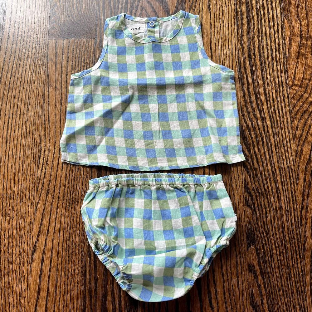 Oeuf Baby Linen Set - Moss/Gingham (6-12M)